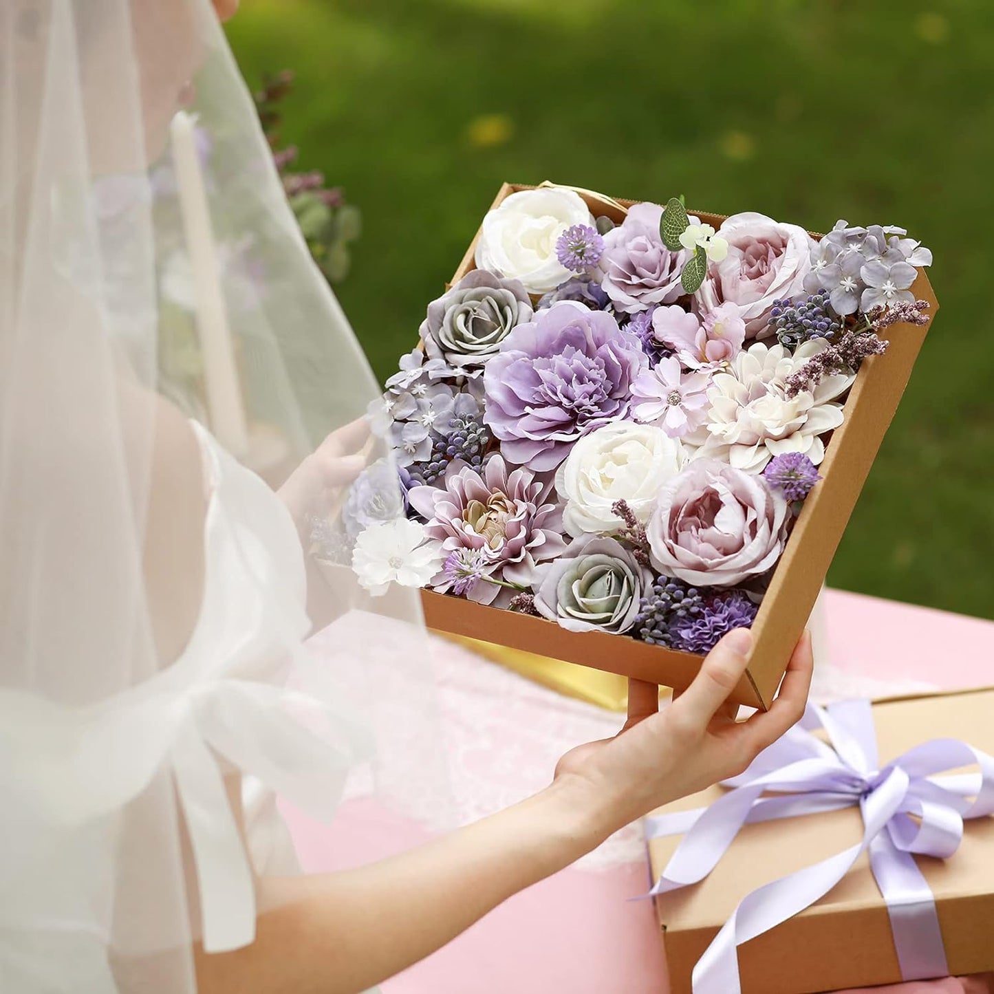 DIY DESIGNER FLOWER COMBO BOXES IN WHITE & PURPLE